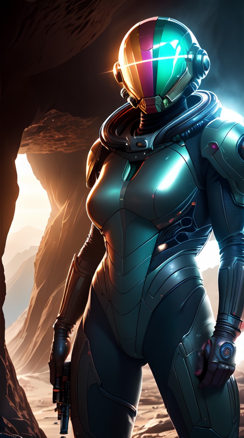 sexy blond Samus Aran from Metroid wearing blue suit with high platforms standing on a floor of a cave near ((grey humanoi...